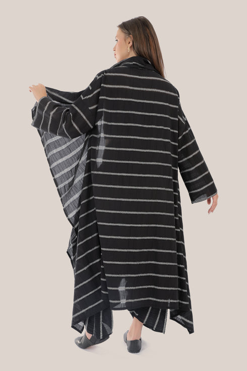 Striped coat with draped collar and long sleeves